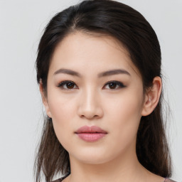 Neutral asian young-adult female with long  brown hair and brown eyes