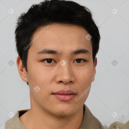 Neutral asian young-adult male with short  brown hair and brown eyes