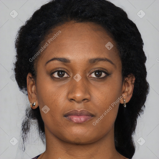 Neutral black young-adult female with long  brown hair and brown eyes