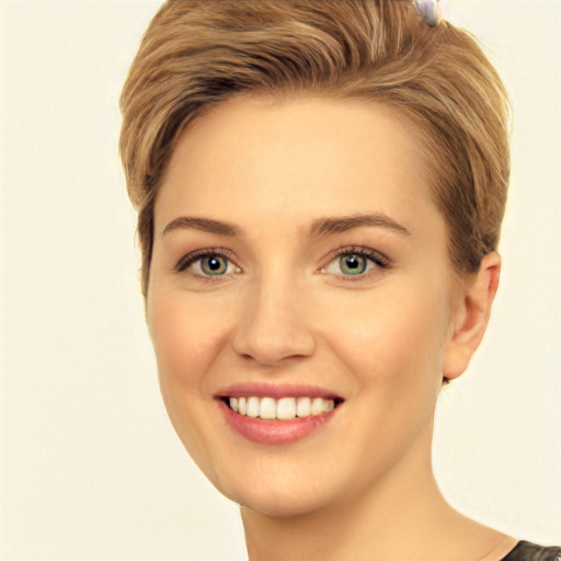 Joyful white young-adult female with short  brown hair and green eyes