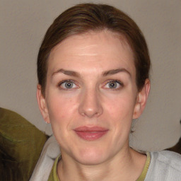 Joyful white adult female with medium  brown hair and grey eyes