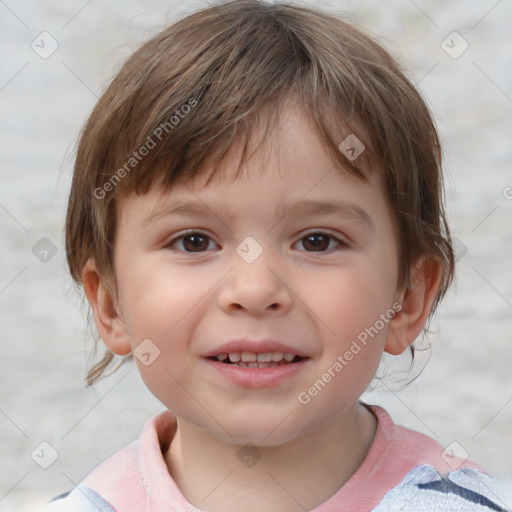 Joyful white child male with medium  brown hair and brown eyes