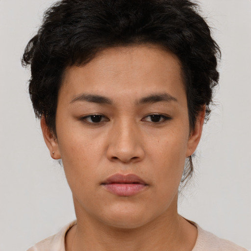 Neutral asian young-adult female with short  black hair and brown eyes