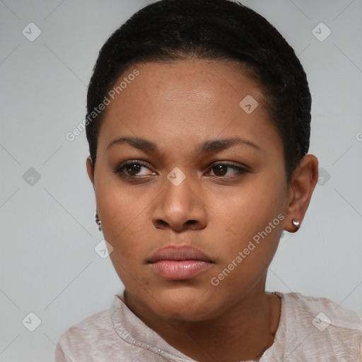 Neutral black young-adult female with short  brown hair and brown eyes