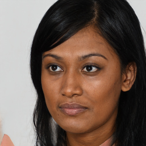 Neutral asian young-adult female with long  black hair and brown eyes