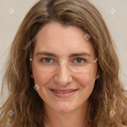 Joyful white young-adult female with long  brown hair and green eyes