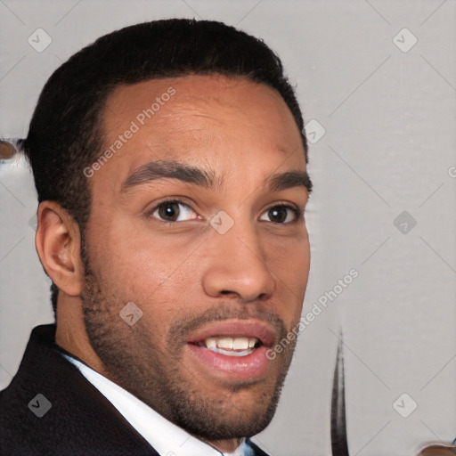 Joyful white young-adult male with short  black hair and brown eyes