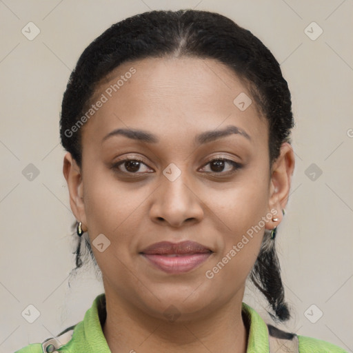 Joyful latino young-adult female with short  brown hair and brown eyes