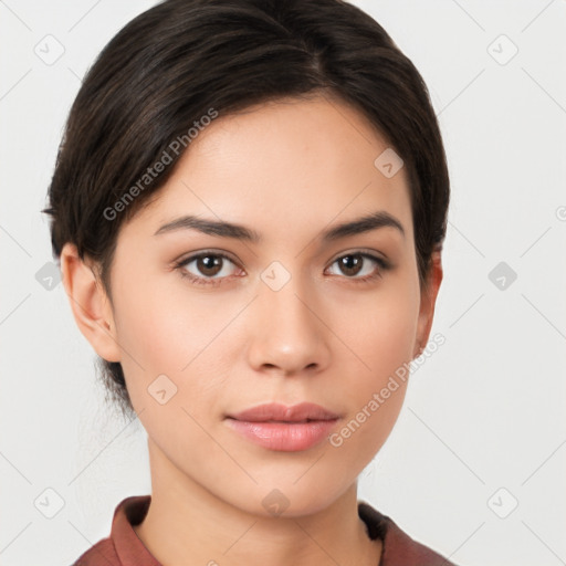 Neutral white young-adult female with short  brown hair and brown eyes