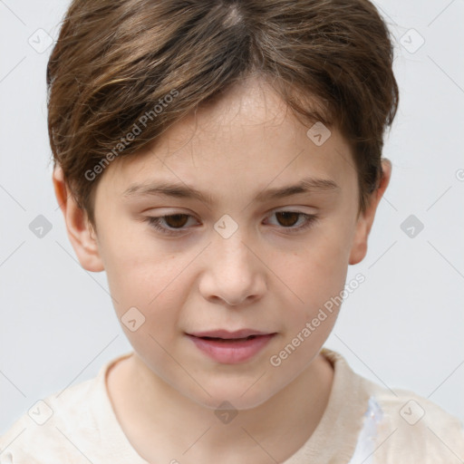 Joyful white child female with short  brown hair and brown eyes