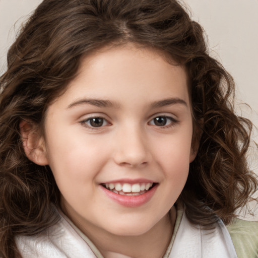 Joyful white child female with medium  brown hair and brown eyes