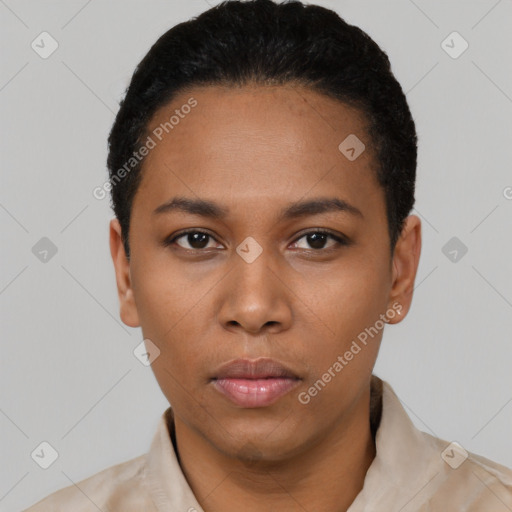 Neutral black young-adult female with short  black hair and brown eyes