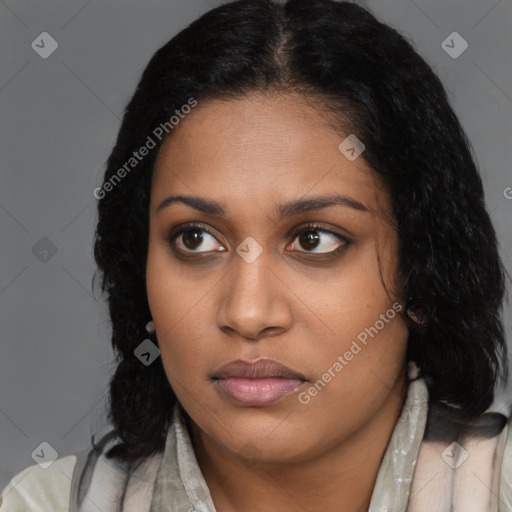 Joyful black young-adult female with medium  black hair and brown eyes