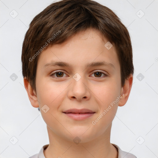 Joyful white child female with short  brown hair and brown eyes