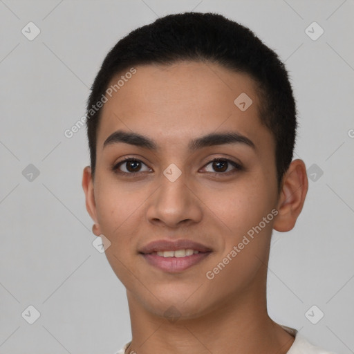 Joyful latino young-adult female with short  brown hair and brown eyes