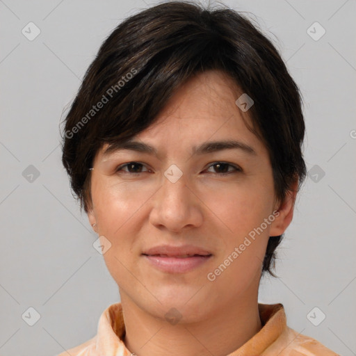 Joyful white young-adult female with medium  brown hair and brown eyes