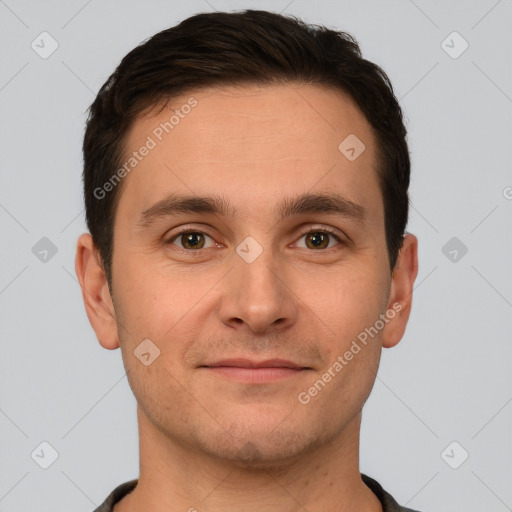 Joyful white young-adult male with short  brown hair and brown eyes