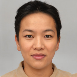 Joyful asian young-adult female with short  brown hair and brown eyes