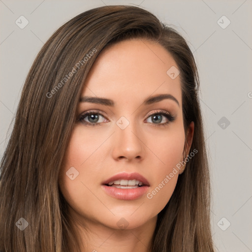 Neutral white young-adult female with long  brown hair and brown eyes