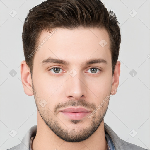 Neutral white young-adult male with short  brown hair and brown eyes