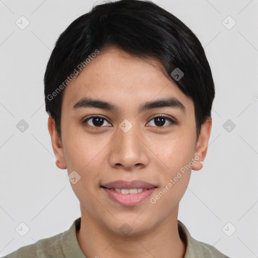 Joyful asian young-adult male with short  brown hair and brown eyes