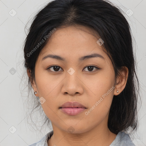 Neutral asian young-adult female with medium  brown hair and brown eyes