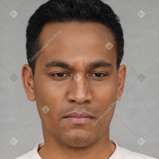 Neutral latino young-adult male with short  black hair and brown eyes