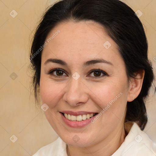 Joyful white adult female with medium  brown hair and brown eyes