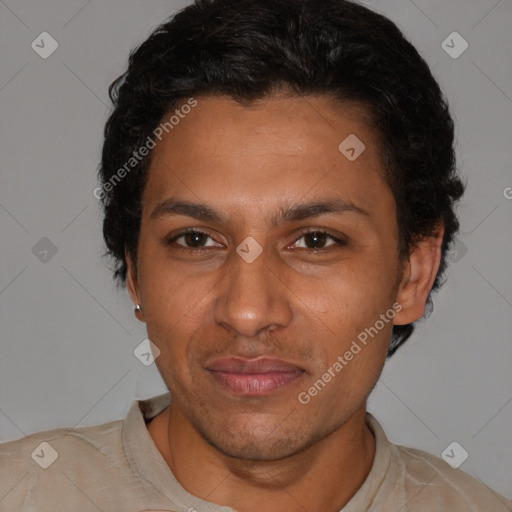 Neutral black adult male with short  black hair and brown eyes