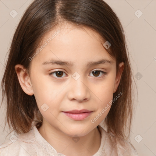 Joyful white child female with medium  brown hair and brown eyes