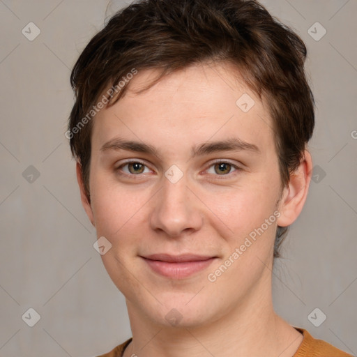 Joyful white young-adult male with medium  brown hair and brown eyes