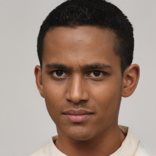 Neutral latino young-adult male with short  brown hair and brown eyes