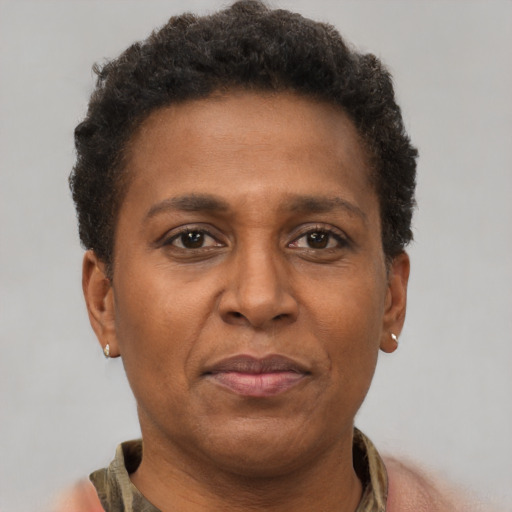 Neutral latino adult female with short  brown hair and brown eyes