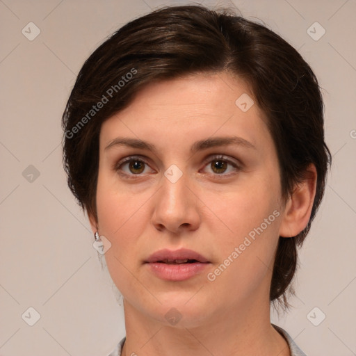 Neutral white young-adult female with medium  brown hair and brown eyes