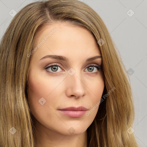 Neutral white young-adult female with long  brown hair and brown eyes