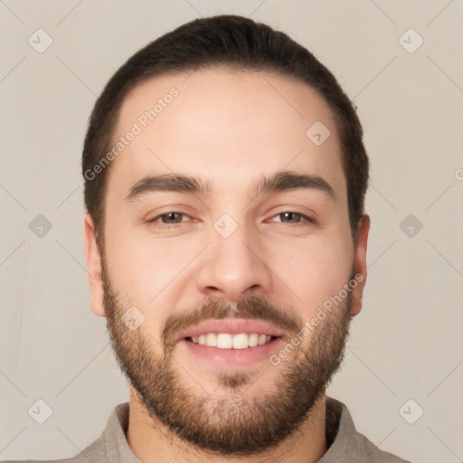 Joyful white young-adult male with short  brown hair and brown eyes