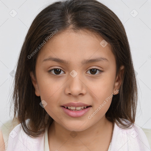 Joyful white child female with medium  brown hair and brown eyes