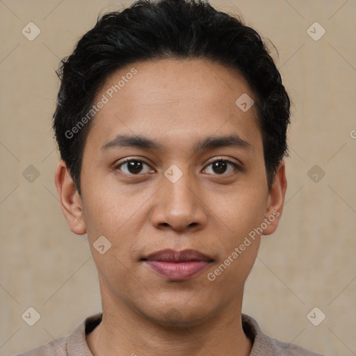 Neutral asian young-adult male with short  black hair and brown eyes