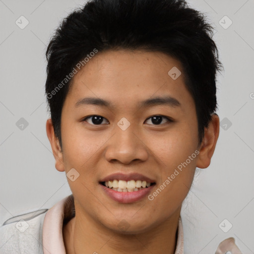 Joyful asian young-adult female with short  brown hair and brown eyes