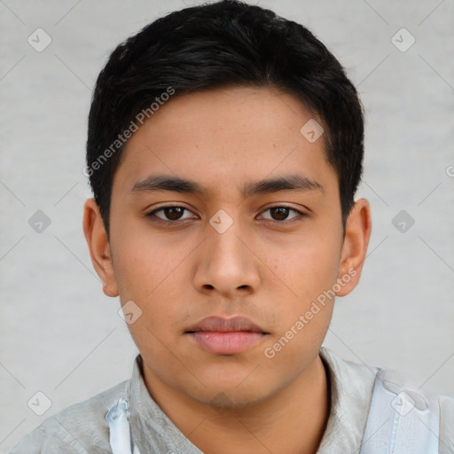 Neutral asian young-adult male with short  black hair and brown eyes