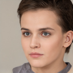 Neutral white young-adult female with short  brown hair and brown eyes