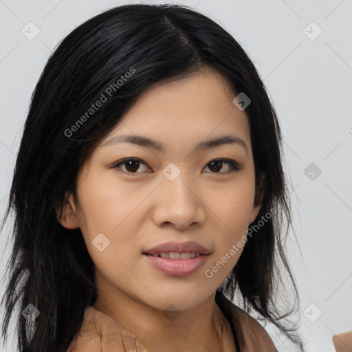 Joyful asian young-adult female with medium  black hair and brown eyes