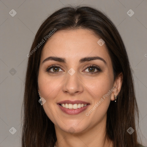 Joyful white young-adult female with long  brown hair and brown eyes