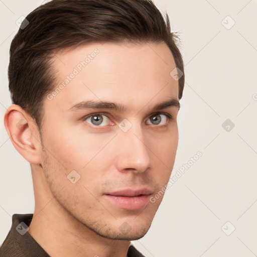 Neutral white young-adult male with short  brown hair and brown eyes