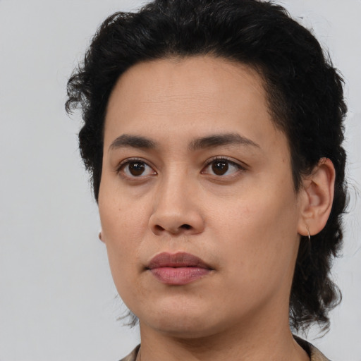 Neutral asian young-adult female with medium  black hair and brown eyes