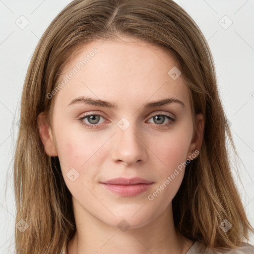 Neutral white young-adult female with long  brown hair and grey eyes