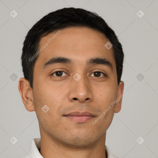 Neutral latino young-adult male with short  black hair and brown eyes