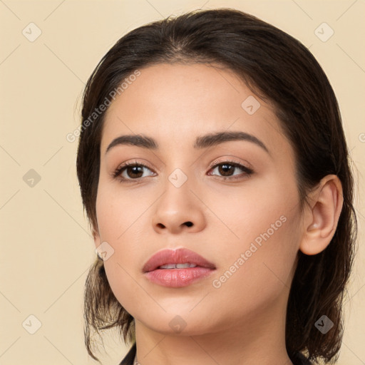 Neutral white young-adult female with medium  brown hair and brown eyes