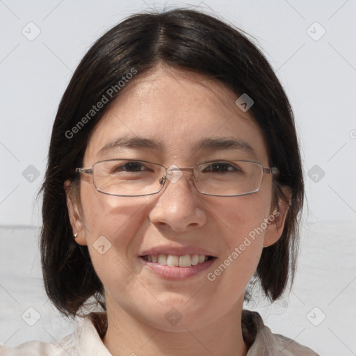 Joyful white adult female with medium  brown hair and brown eyes