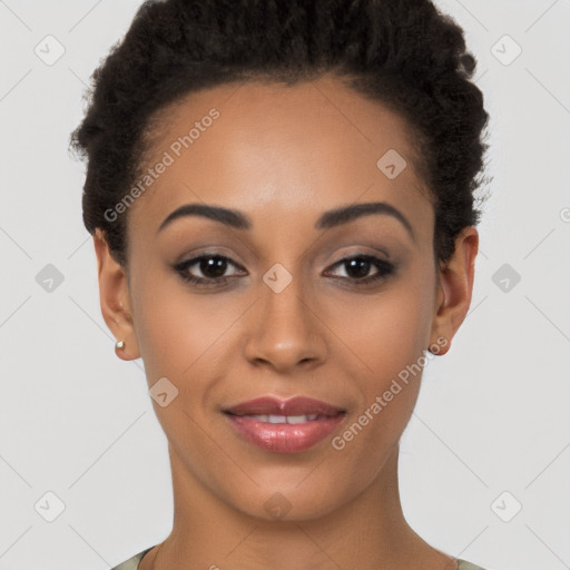 Joyful latino young-adult female with short  black hair and brown eyes